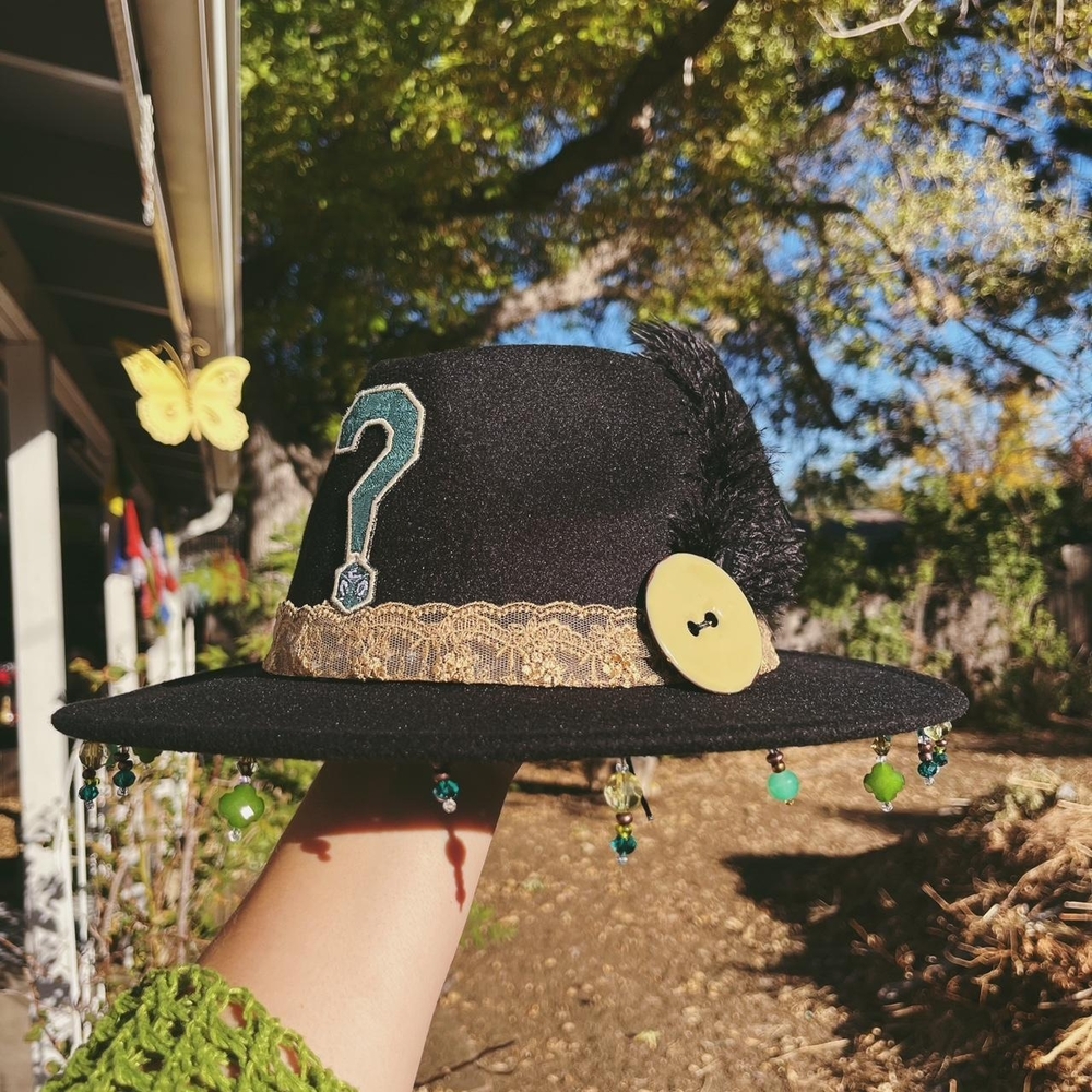 Black Hat with Gold Lace and Green Beads
